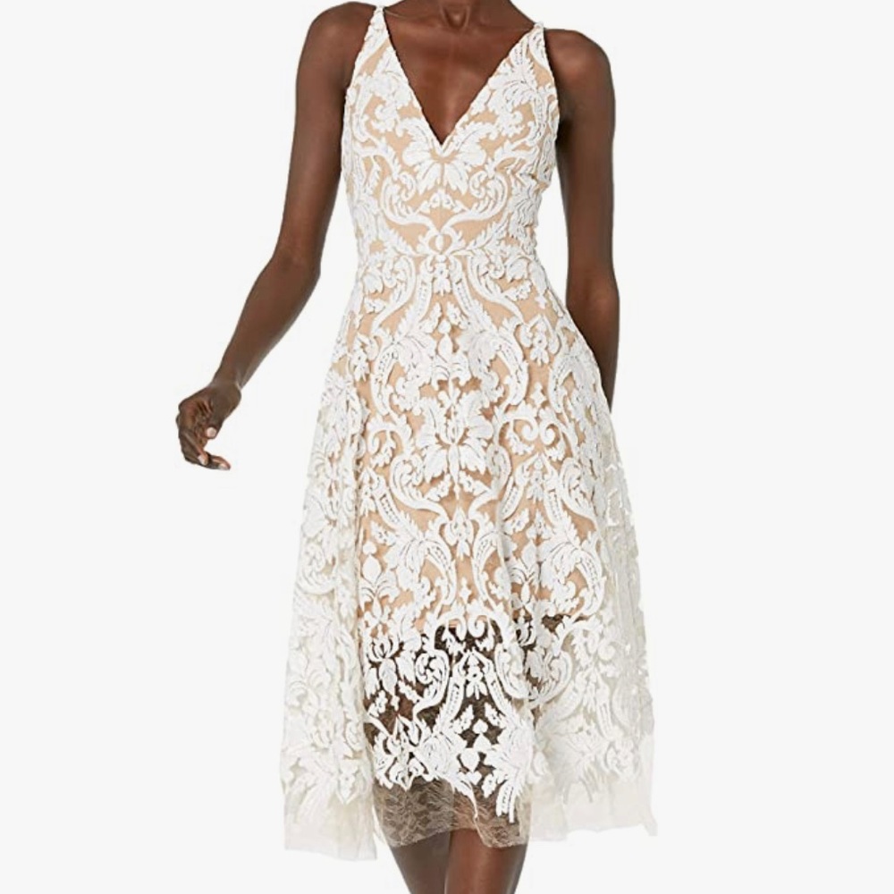 White lace plunging fit flare midi dress